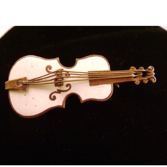 Fiddle or violin estate brooch Antique jewelry enamel instrument c clasp pin - Picture 3 of 13